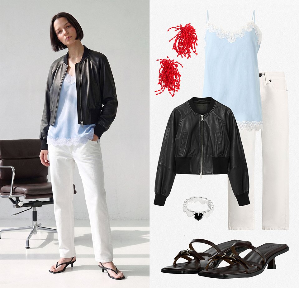 Vrouw met zwarte leren jas, lichtblauw kanten hemdje, witte broek, zwarte sandalen met hak; bijpassende outfitonderdelen en accessoires getoond.