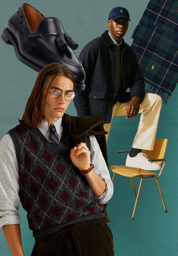 Two men dressed in preppy style, one wearing a patterned sweater vest and glasses, the other in a navy jacket, cap, and white trainers.