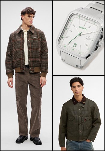 Collage présente : blouson aviateur marron à carreaux, montre carrée argentée avec accents verts, veste verte avec col marron et détails de boutons.