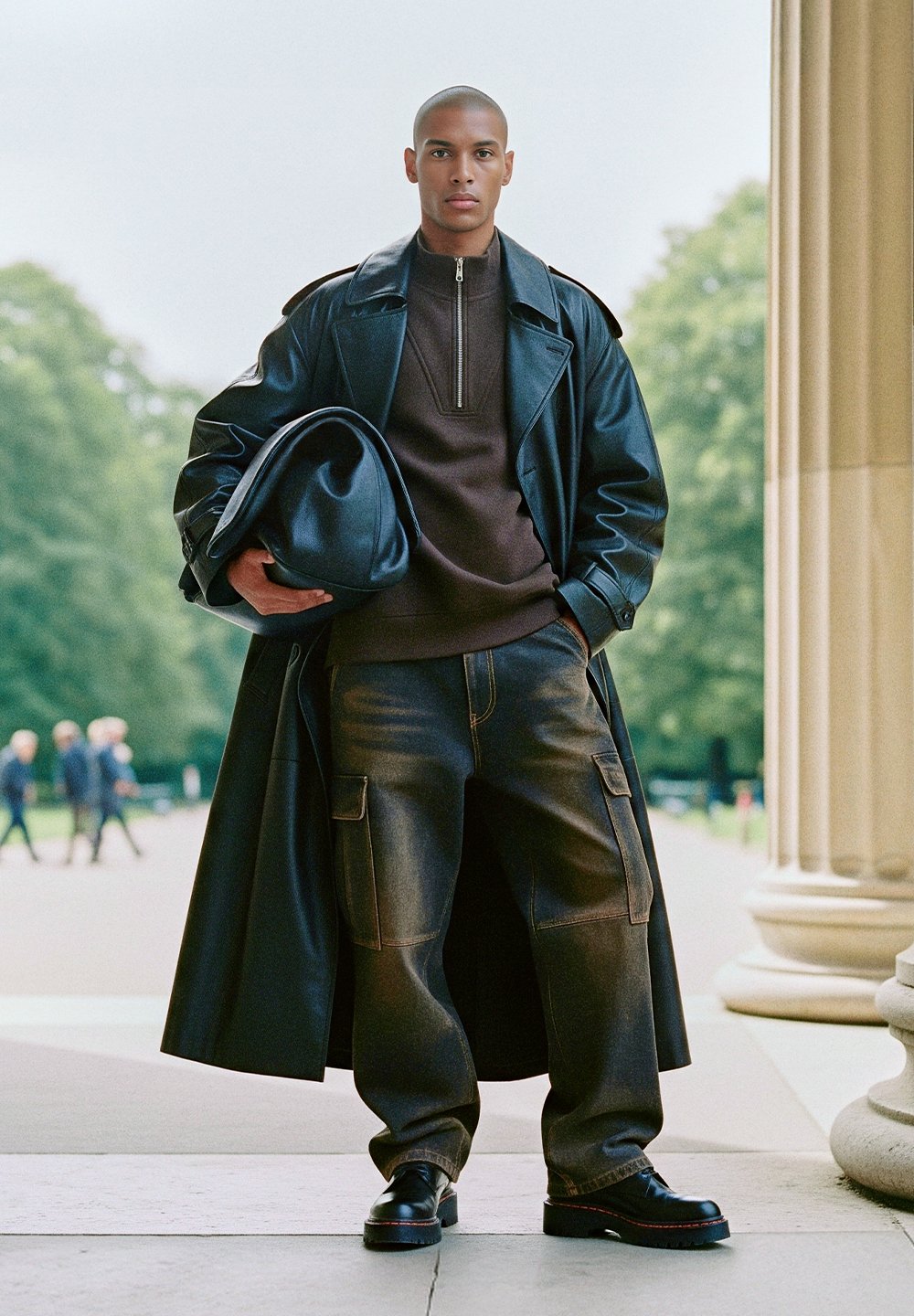 Black leather trench coat worn over a brown zip-neck top, teamed with loose dark denim cargo pants and black platform shoes, while holding a coordinating bag.