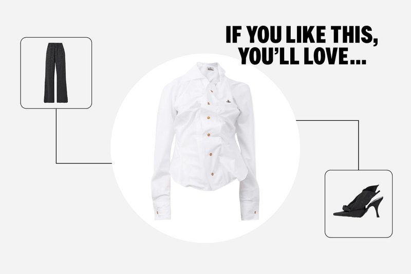 Weißes Langarmhemd mit Rüschen, kombiniert mit schwarzer Hose links und schwarzen Absatzschuhen rechts, Text deutet auf eine Stil-Kombination hin.