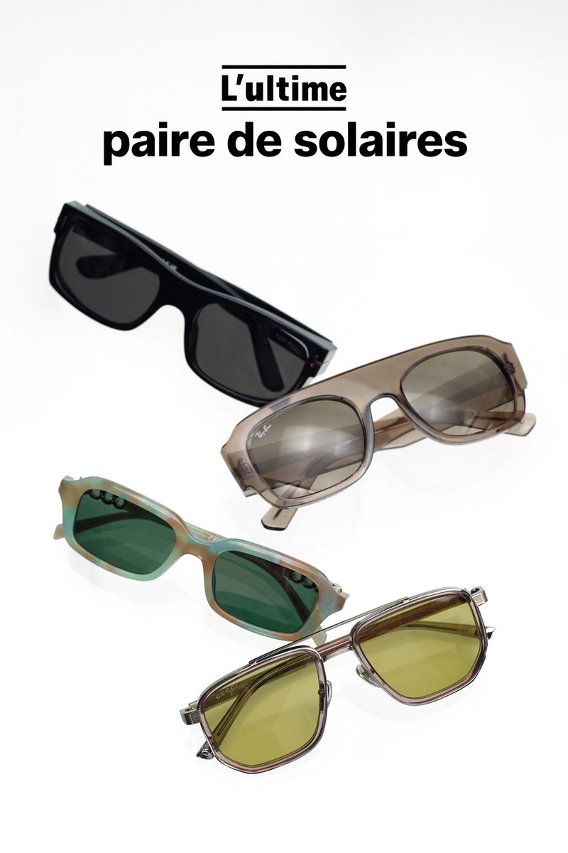 Quatre paires de lunettes de soleil stylées avec des verres noirs, marron translucides, verts et jaunes, disposées sous un texte en français qui les fait la promotion.