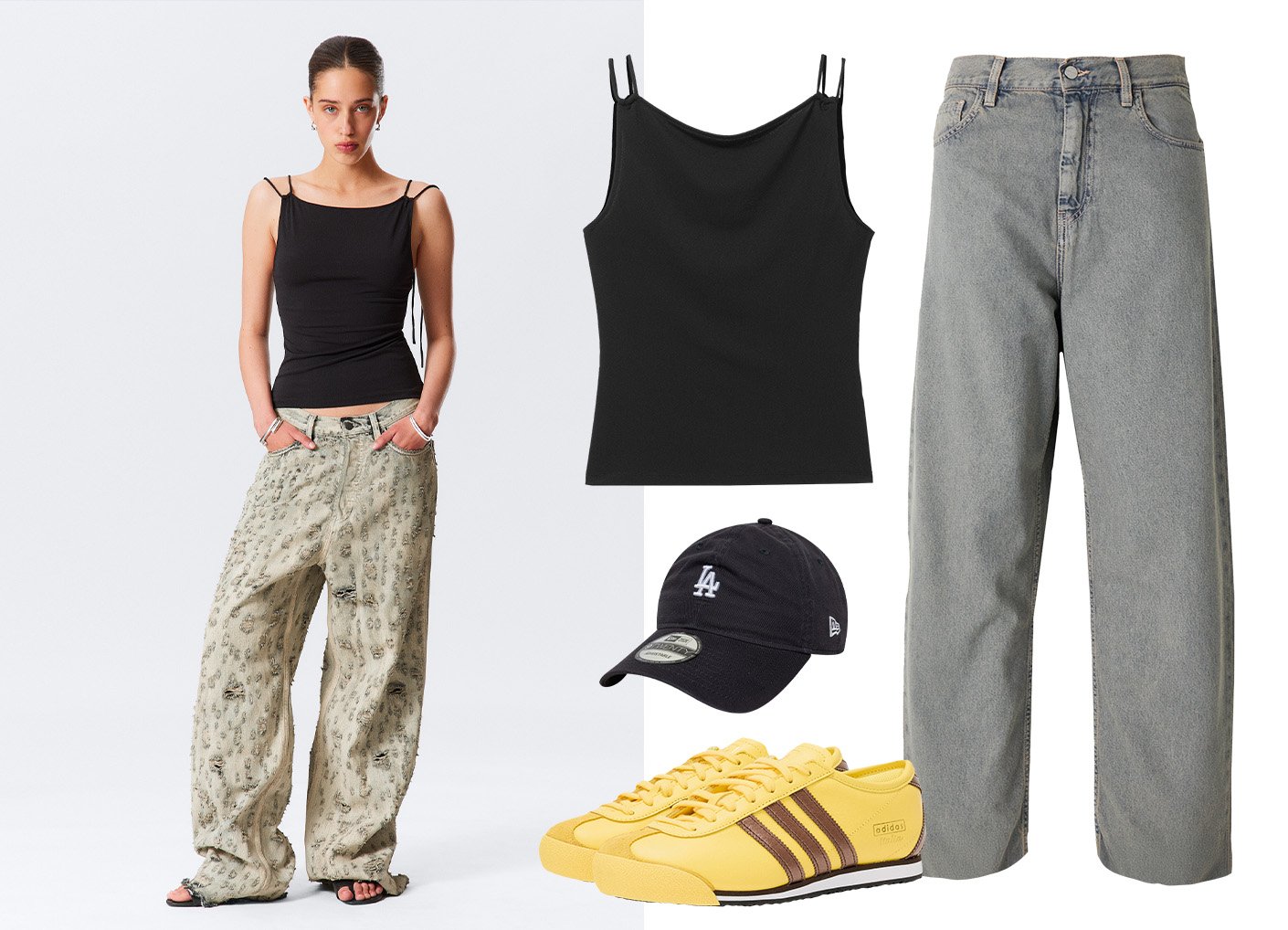 Woman wearing black double-strap tank top and wide-leg distressed beige jeans, with yellow sneakers, black baseball cap, and gray jeans shown separately.