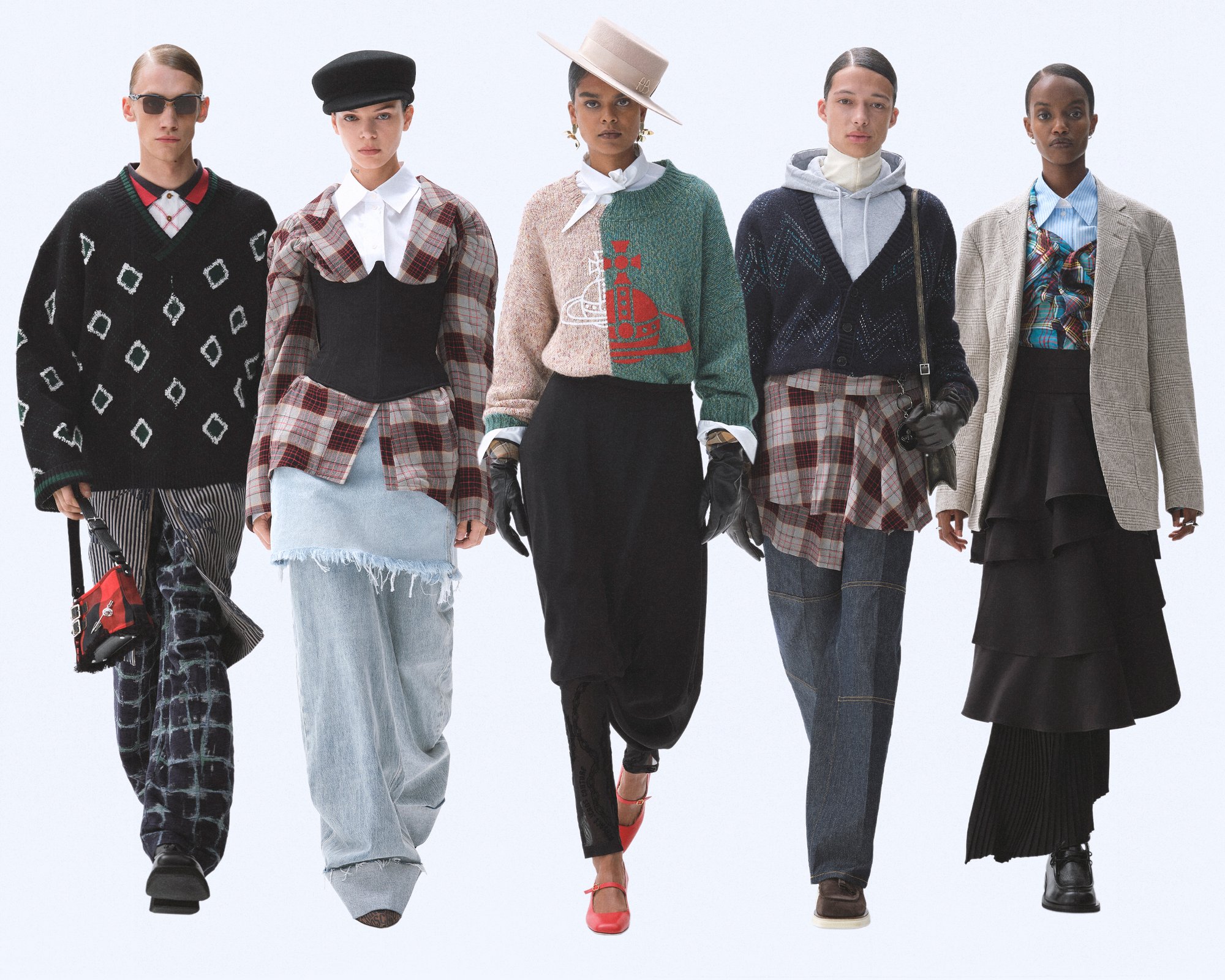 Cinco modelos exhiben diversos estilos de moda, con atuendos en capas, patrones audaces, accesorios y calzado único, todo ello sobre un fondo claro.