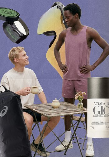 Two men in casual sportswear, one seated with a cup, one standing with hands on hips, surrounded by grooming and sports gear.