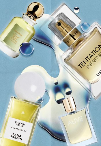 Four perfume bottles labeled Bridgerton Rebel Vanilla, Eisenberg Tentation, Sana Jardin Incense Water, and Alive on a blue surface with liquid droplets.