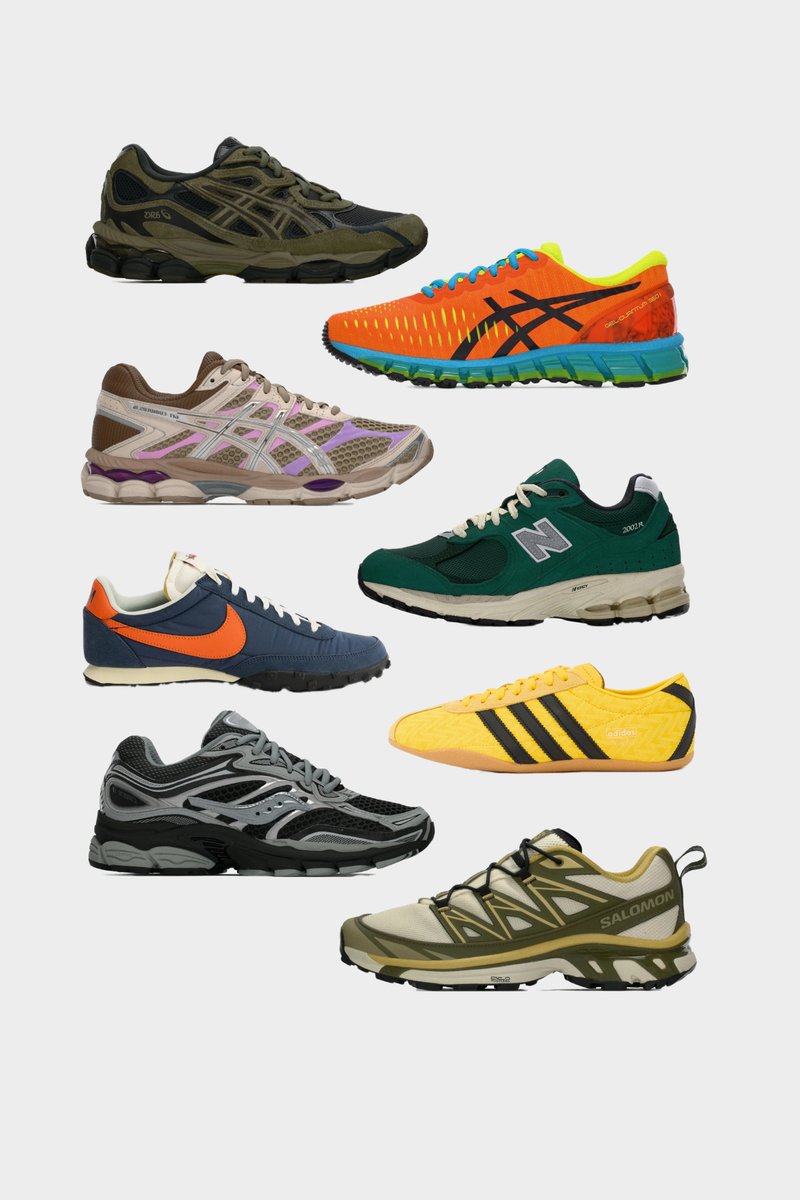 Eight athletic shoes arranged vertically in pairs, featuring diverse colors and brands including ASICS, New Balance, Nike, Adidas, Saucony, and Salomon.
