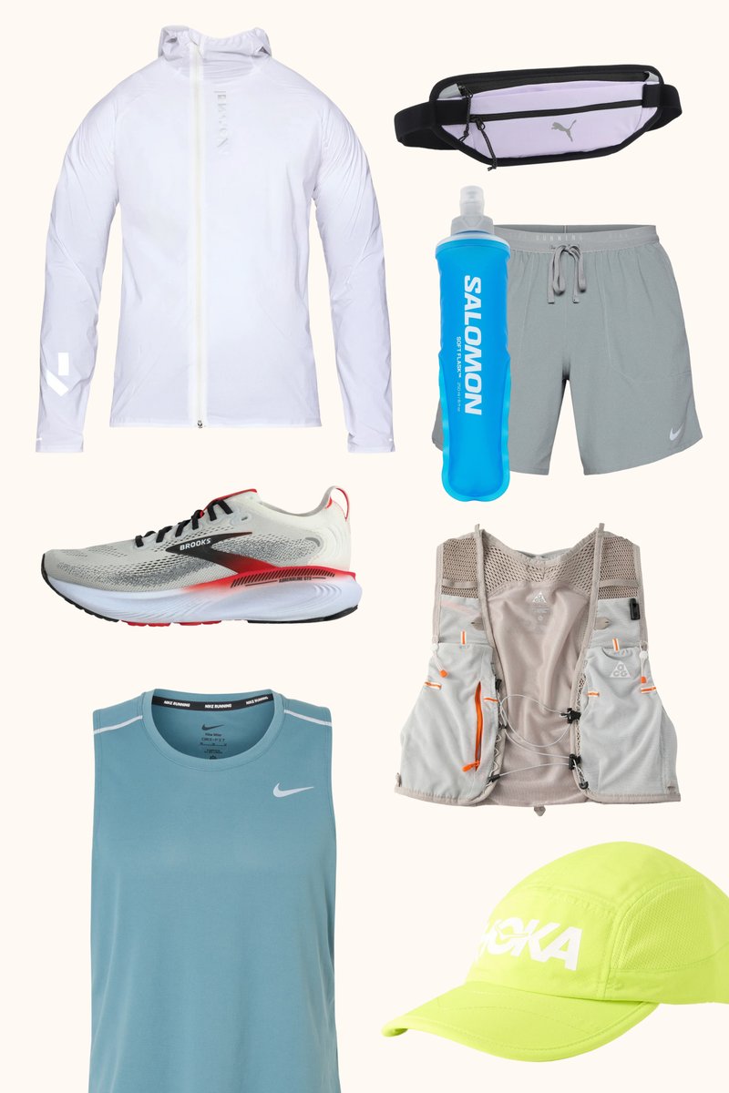 Veste de running blanche, short gris, maillot sans manches bleu, chaussure de running blanche et rouge, gilet de running gris, bouteille d'eau bleue, sac banane noir, casquette jaune.