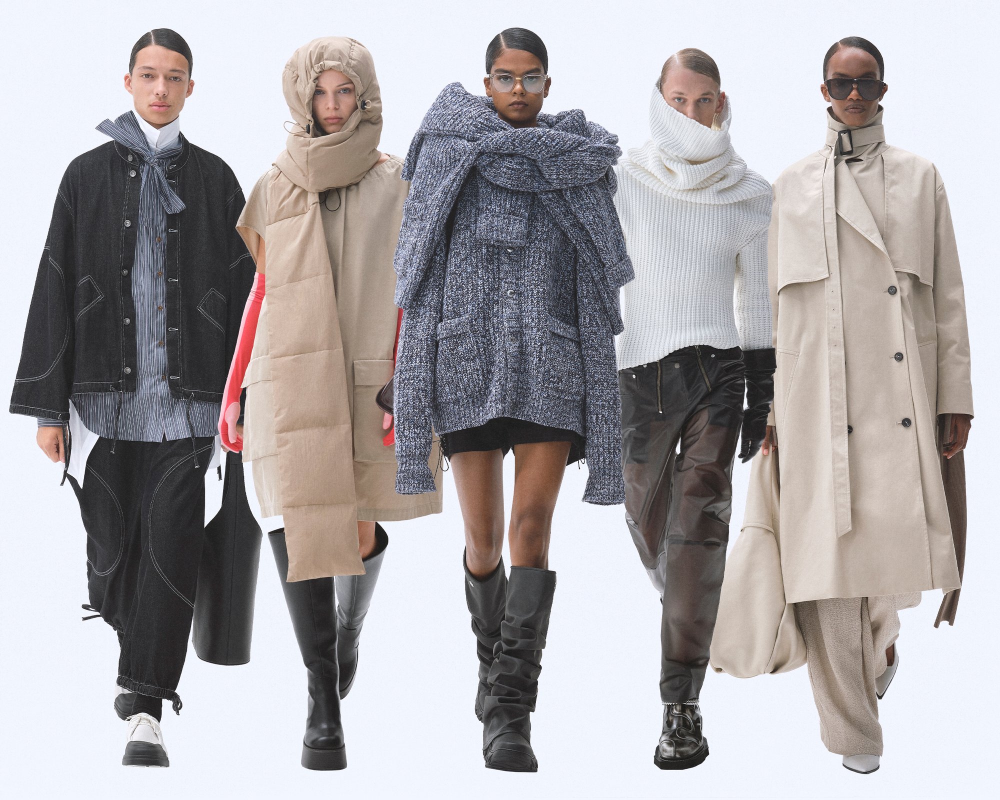 Five models showcase diverse, layered outfits featuring oversized scarves, unique textures, and bold accessories against a plain background.