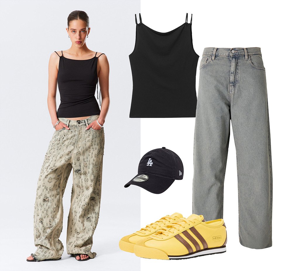 Woman wearing black double-strap tank top and wide-leg distressed beige jeans, with yellow sneakers, black baseball cap, and gray jeans shown separately.