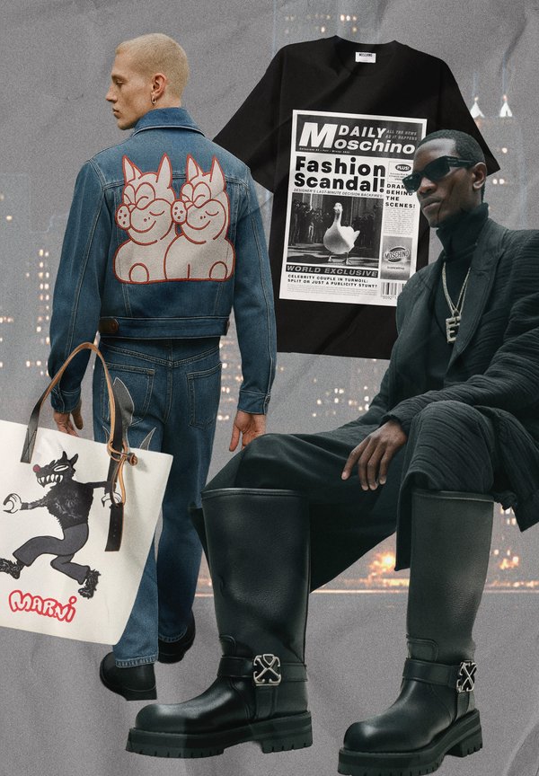 Denim jacket featuring a red cartoon design, black graphic T-shirt, white tote bag with character print, black knee-high rubber boots.