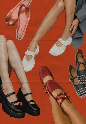 Benen in zwarte, witte en rode Mary Jane-schoenen met dikke zolen op een oranje achtergrond, omringd door roze en zwarte schoenen met studs.