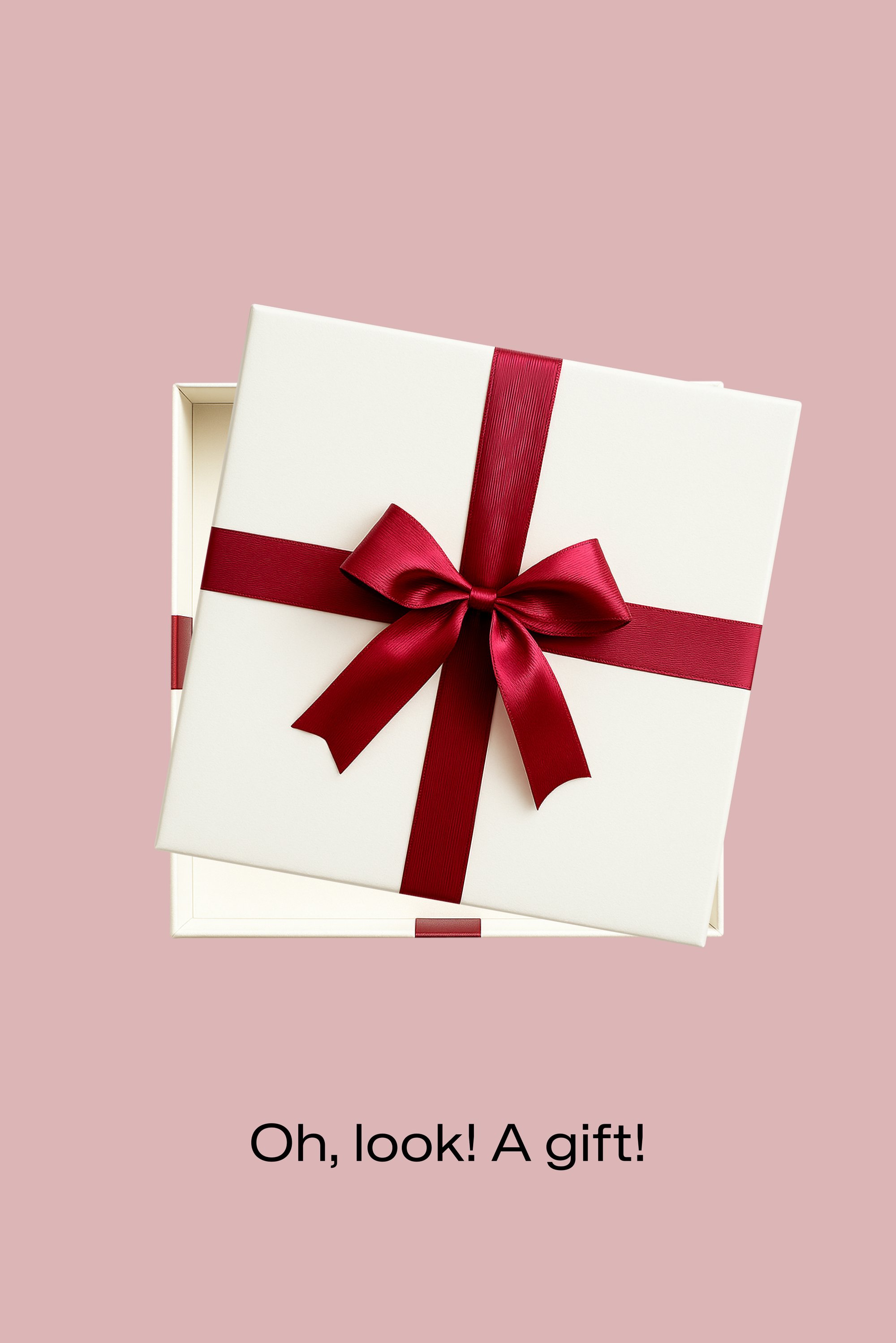 Scatola regalo bianca con nastro e fiocco rossi, coperchio leggermente aperto, su sfondo rosa con testo "Oh, guarda! Un regalo!"