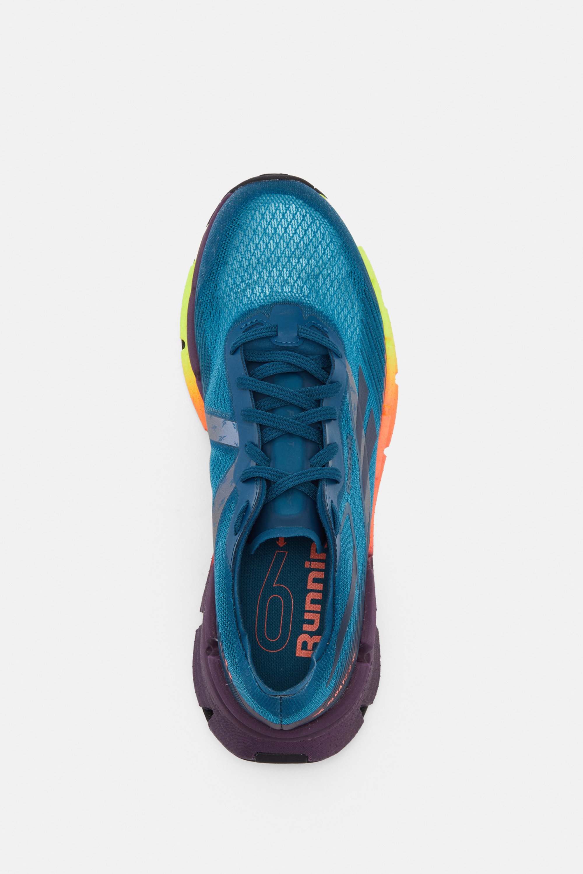 Blue athletic shoe with mesh design and colorful sole, featuring a prominent "6" and "Run" text on the insole.