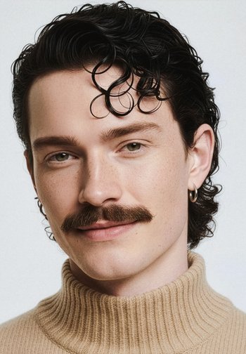 Homme aux cheveux bouclés et noirs, avec une moustache et une boucle d'oreille en argent, portant un pull en col roulé beige à côtes, souriant légèrement devant un fond uni.