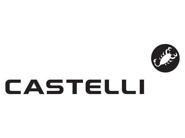 Nom de la marque Castelli en lettres majuscules noires avec un cercle noir comportant un scorpion stylisé blanc en haut à droite.