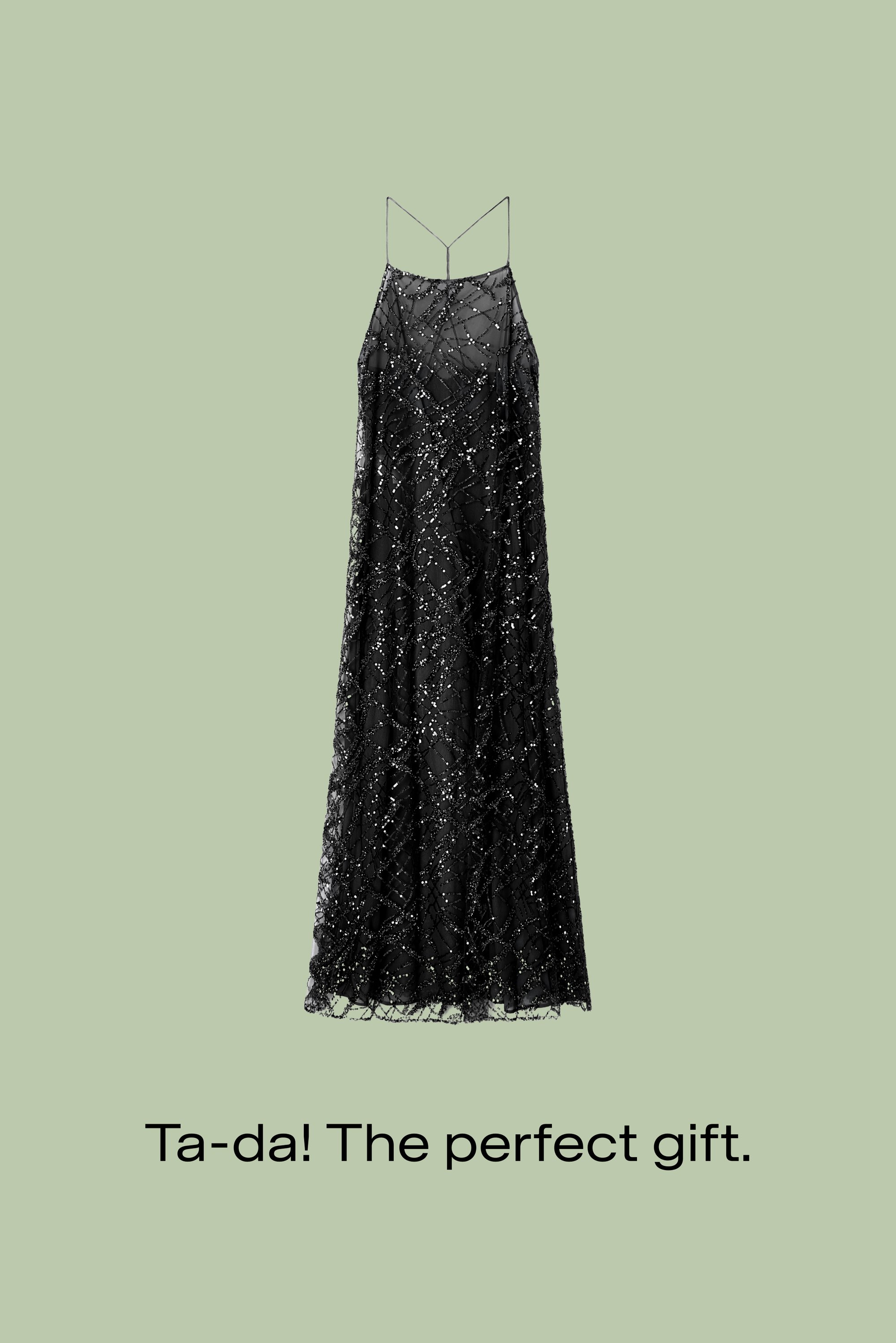 Abito nero senza maniche con perline intricate in un motivo geometrico su tessuto trasparente e fluido, con scollo a V e spalline sottili.