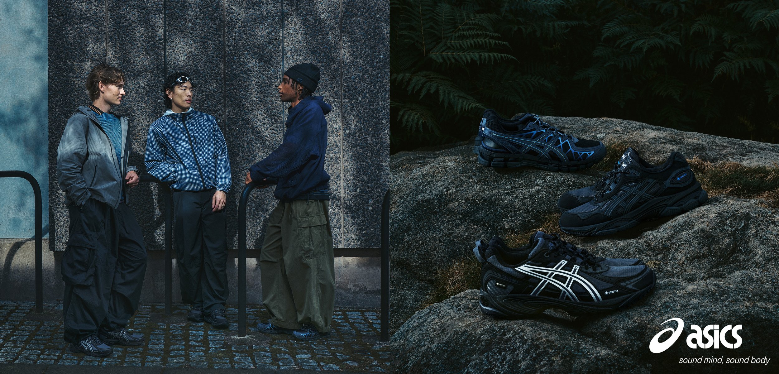 Trois hommes en tenue de plein air discutent près d’un mur, à côté de trois paires de chaussures de trail ASICS disposées sur des rochers dans une forêt.