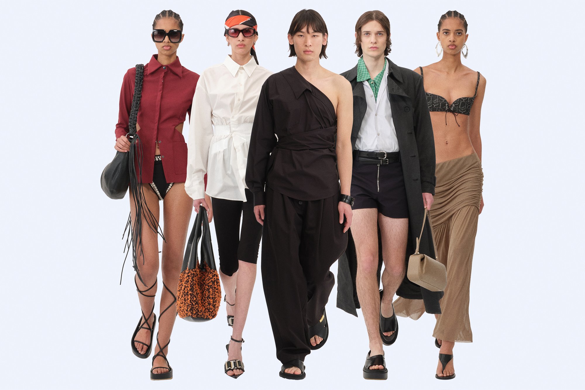 Seis modelos caminan con confianza, mostrando estilos de moda y accesorios diversos contra un suave fondo azul.