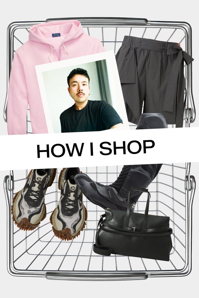 Shopping cart with a pink hoodie, black shorts, black boots, black handbag, and a photo of a man wearing a black t-shirt, text "HOW I SHOP."