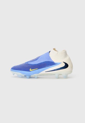 Sinine ja helesinine jalgpalliking, millel on sokitaoline kaelus, tekstureeritud pind, kollane Nike logo ja läbipaistvad nupud.
