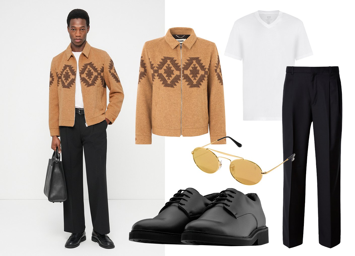 Férfi, barna mintás cipzáras dzsekiben, fehér pólóban, fekete nadrágban, fekete cipőben, fekete táskát tartva; sárga napszemüveg kiegészítővel.