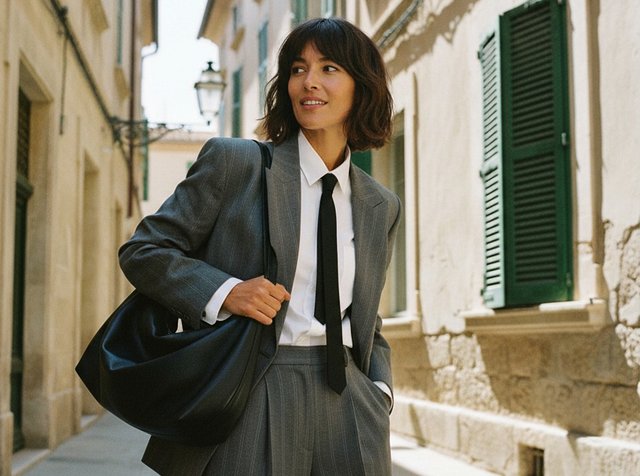 Femme en costume gris à fines rayures et cravate noire marche dans une rue étroite bordée de bâtiments en pierre, portant un grand sac à épaule noir.