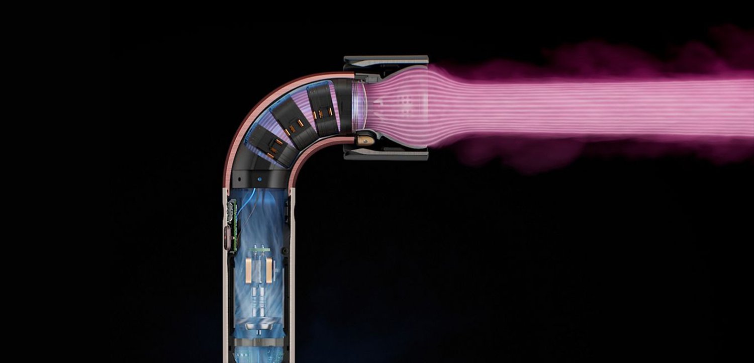 Doorsnede van een buis met een gebogen ontwerp, voorzien van metalen hardware, blauwe en paarse accenten, en uitgestoten damp in een gestroomlijnde vorm.