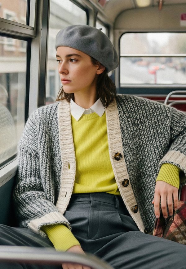 Joven con boina gris y cárdigan de punto sentada junto a la ventana del autobús, mirando hacia afuera, con suéter amarillo y pantalones grises.