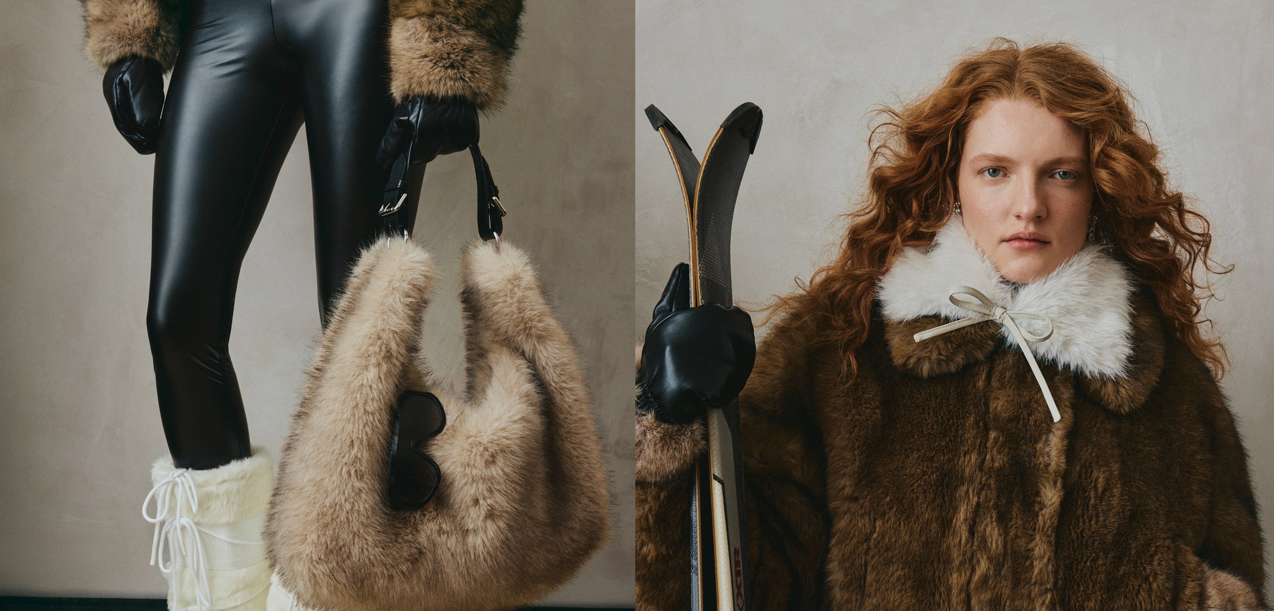 Handtas van namaakbont in lichtbruin, met een zwarte riem en een zwarte zonnebril als accent. Model in een zware bruine bontjas met een witte kraag van namaakbont, met ski's in de hand.