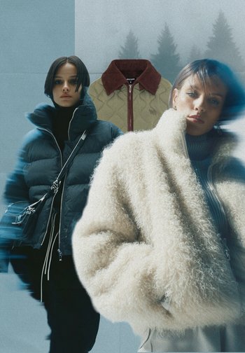 Două jachete puffere: una albastru închis cu material lucios, cealaltă albă și pufoasă. În fundal, o jachetă matlasată verde-olive cu un guler roșu.