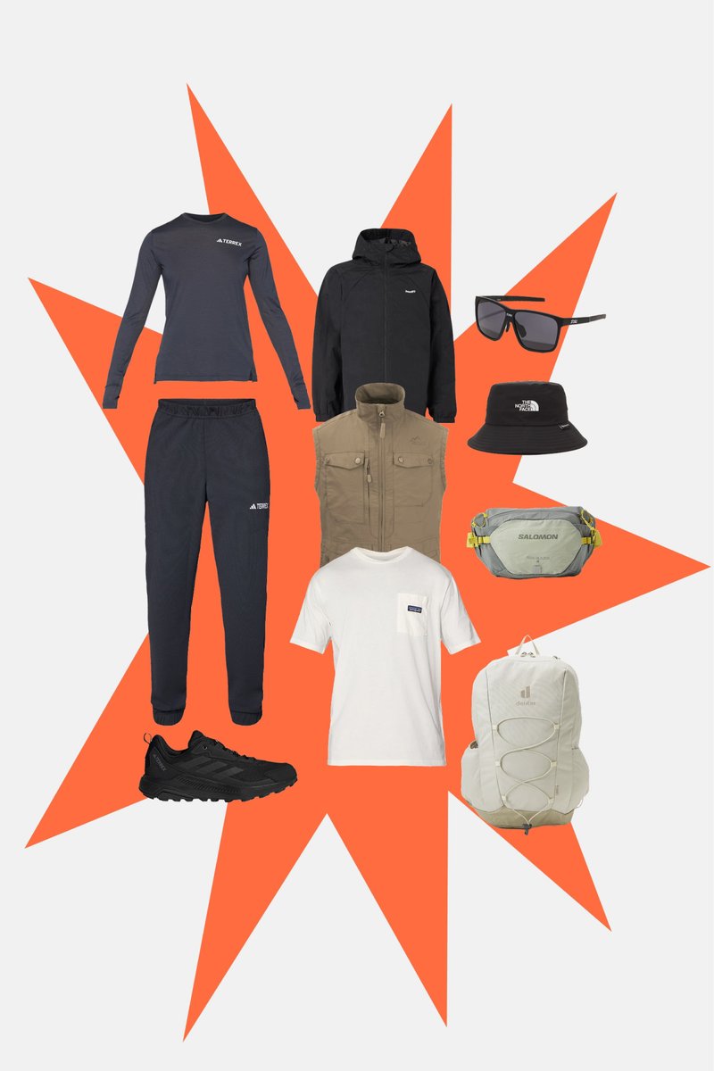 Îmbrăcăminte și accesorii de exterior, inclusiv cămașă neagră cu mânecă lungă, pantaloni negri, jachetă neagră, vestă bej, tricou alb, pantofi negri, ochelari de soare, pălărie tip bucket, geantă de talie și rucsac.