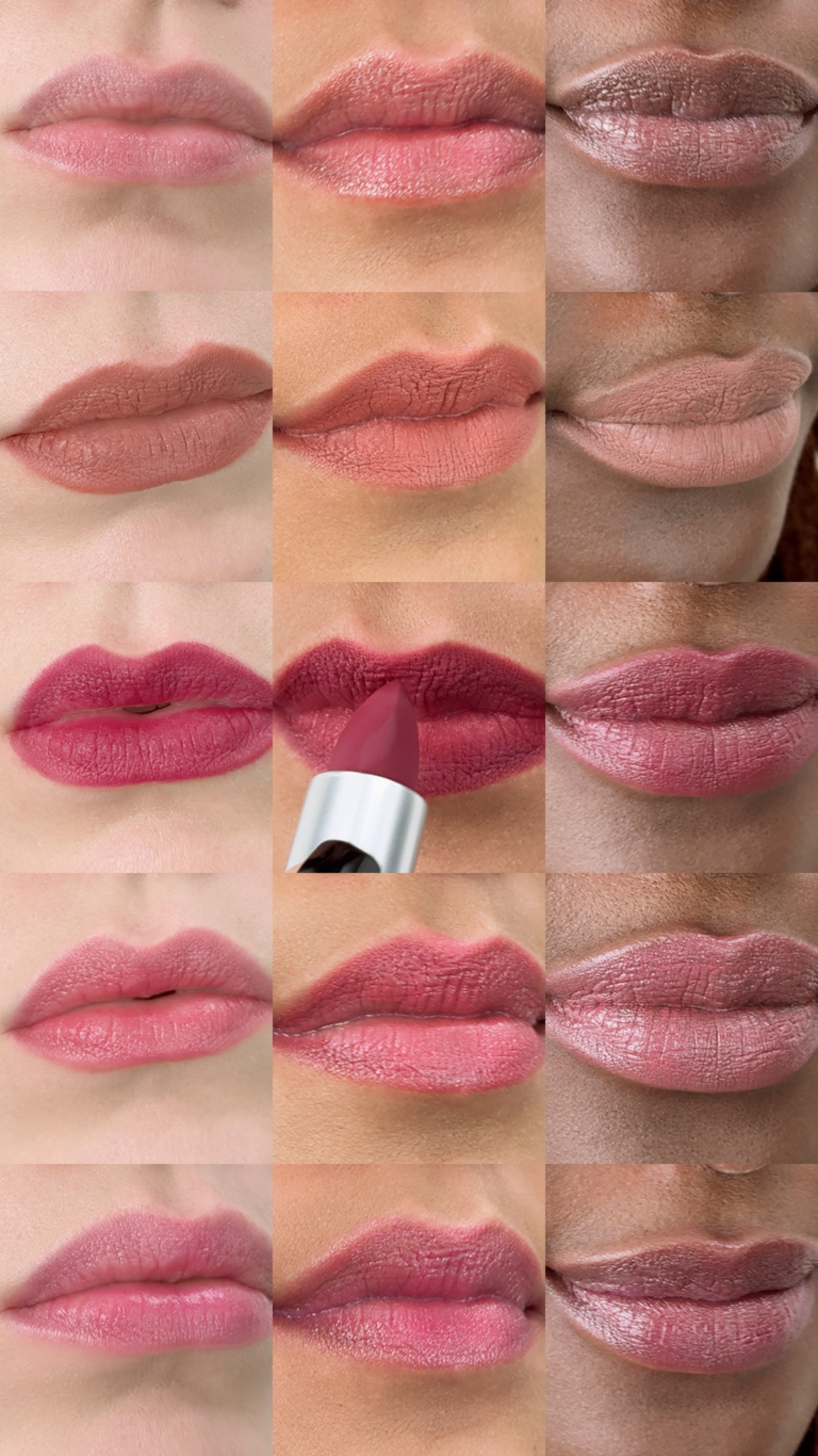 Dodici colori di rossetto in diverse tonalità e finiture disposti a griglia, con finiture lisce, opache e lucide, e un tubetto di rossetto in una sezione.