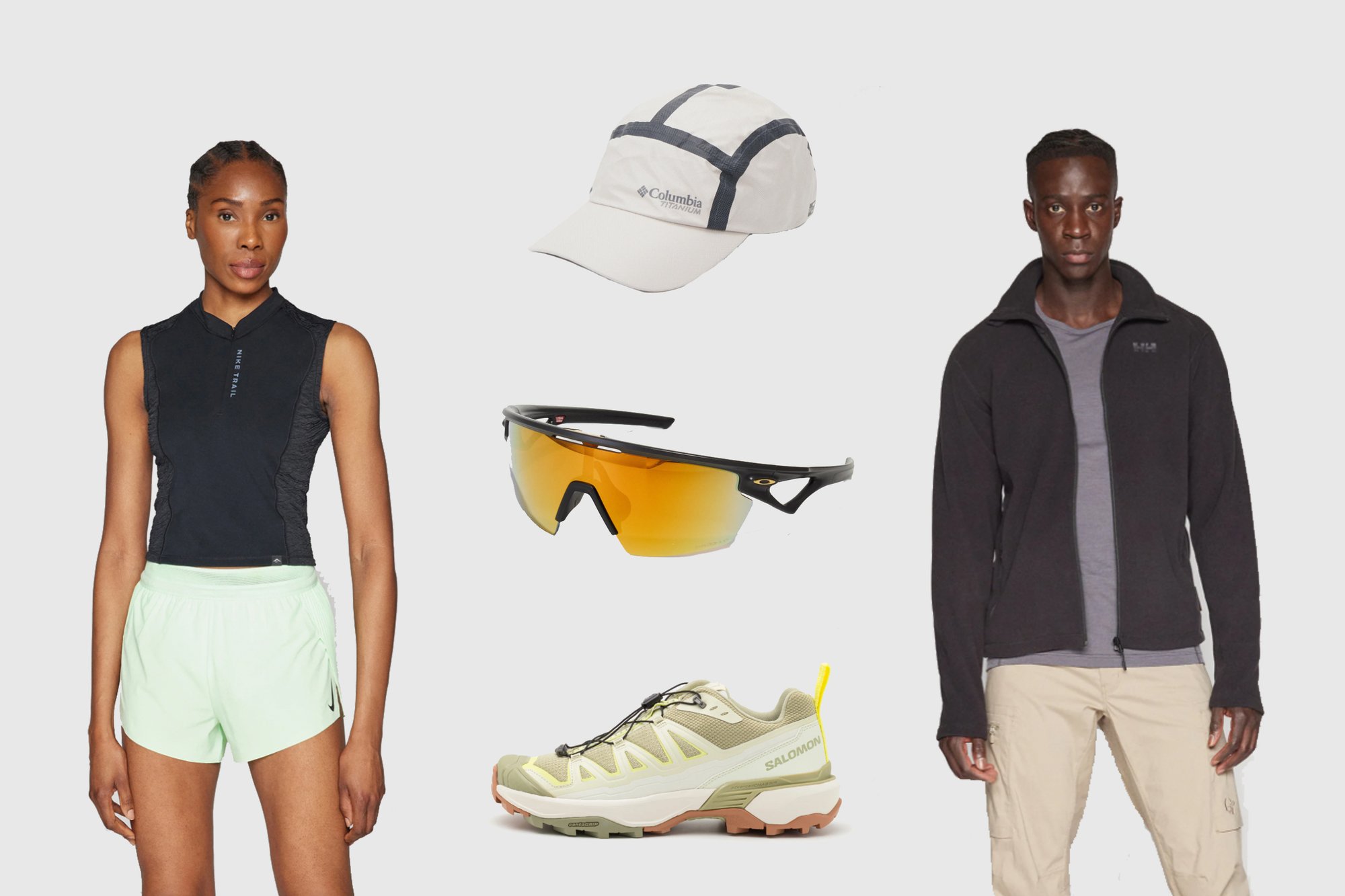 Een vrouw in een aansluitend sporttop en shorts staat naast een man in een jas en broek, met buitenuitrusting, waaronder een zonnebril en een pet.