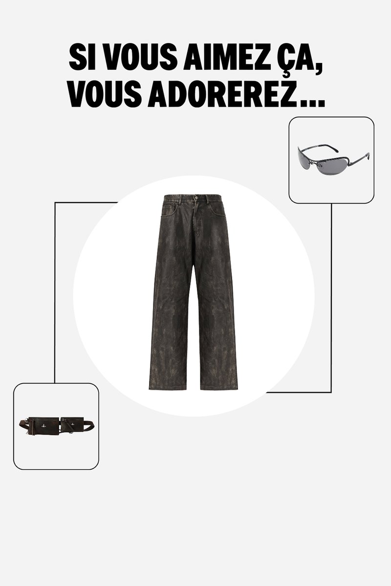 Jean en denim noir décontracté centré, avec de petites images de lunettes de soleil noires et d'un sac banane noir sur un fond blanc, texte en français au-dessus.