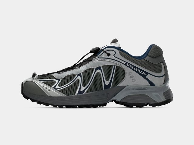 Chaussure de trail Salomon grise et noire avec panneaux en mesh et système de laçage rapide, vue de côté sur fond blanc.
