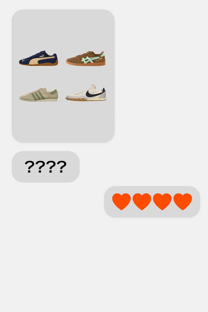 Four different casual sneakers arranged in a 2x2 grid with a text message containing question marks and a reply with four red heart emojis.