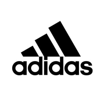 Schwarzes Logo mit drei diagonalen Streifen über dem Wort "adidas" in fetten, versal geschriebenen Buchstaben, alles auf einem weißen Hintergrund.