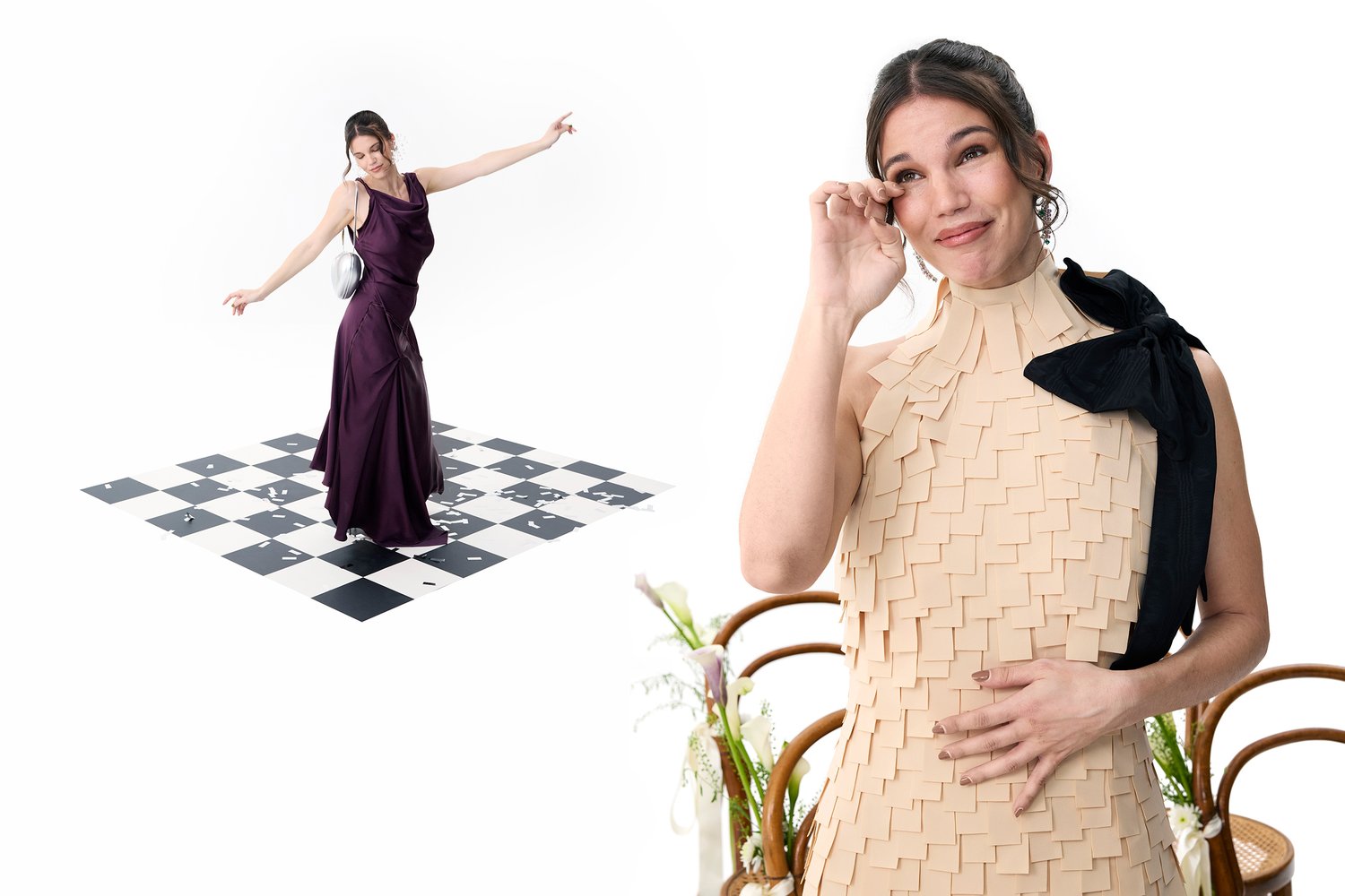 Una bailarina con un vestido púrpura fluido posa sobre un suelo de cuadros en blanco y negro, mientras otra mujer con un vestido beige texturizado se limpia una lágrima.