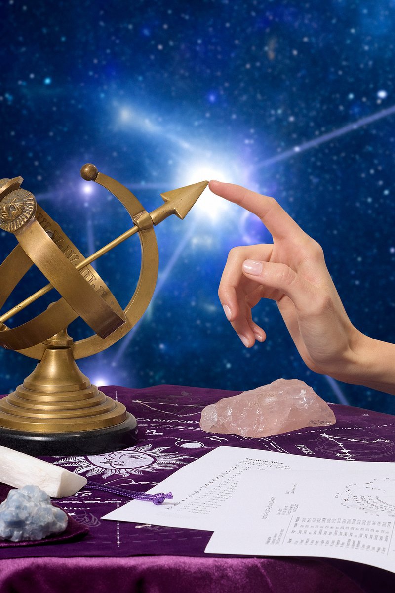 Una mano si avvicina a una sfera armillare di bronzo su un panno viola, con cristalli e una mappa stellare sottostante, sullo sfondo cosmico.