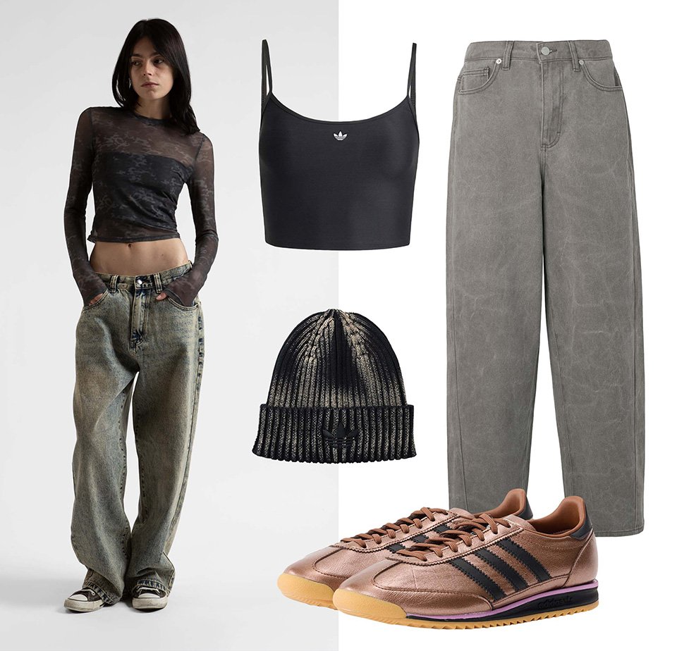 Schwarzes Mesh-Langarmoberteil, schwarzer Sport-BH, graue weit geschnittene Jeans, schwarz-goldene Strickmütze und bronzefarbene Sportlich Schuhe mit schwarzen Streifen.