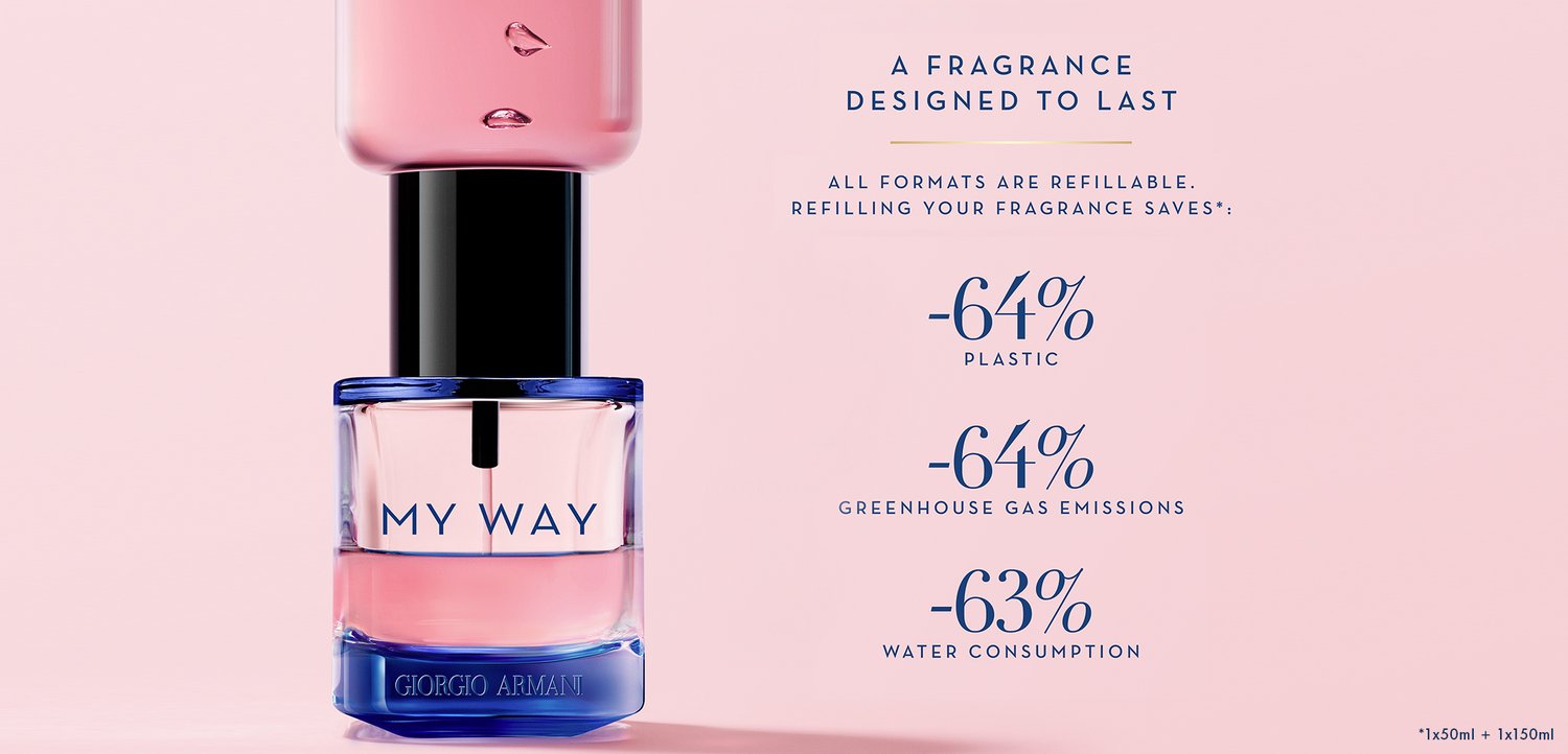 Flacon de parfum My Way Giorgio Armani rose et bleu avec un texte sur les formats rechargeables réduisant le plastique, les émissions et la consommation d'eau de plus de 60 %.