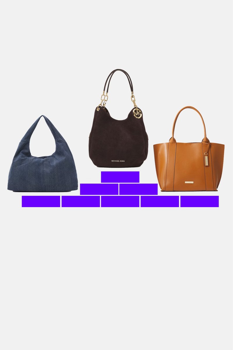 Trei genți de mână: o geantă hobo din denim albastru, o geantă din suede maro închis cu accente aurii și o geantă tote din piele portocalie cu două mânere și o etichetă.