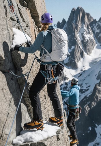 Climber vestito con una giacca blu chiaro, pantaloni neri e scarponi da montagna arancioni, con uno zaino bianco, che scala una superficie rocciosa coperta di neve.