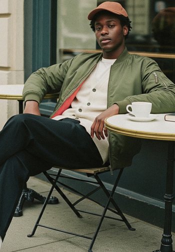 Giacca bomber verde oliva sopra un cardigan crema, abbinata a pantaloni neri. Seduto a un piccolo tavolo rotondo con una tazza di caffè.