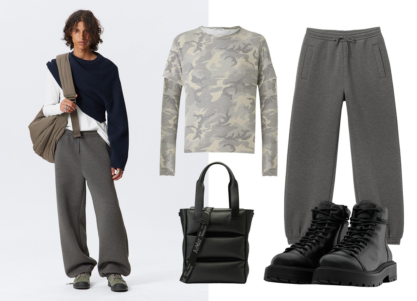 Gray sweatpants, camo sweater, navy layered top, black bag with strap, and black lace-up boots. Various textures and materials used.