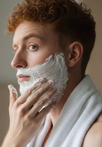 Una persona con cabello rojo rizado se aplica crema de afeitar en el rostro, con una toalla blanca alrededor del cuello. La crema es espesa y hace buena espuma.