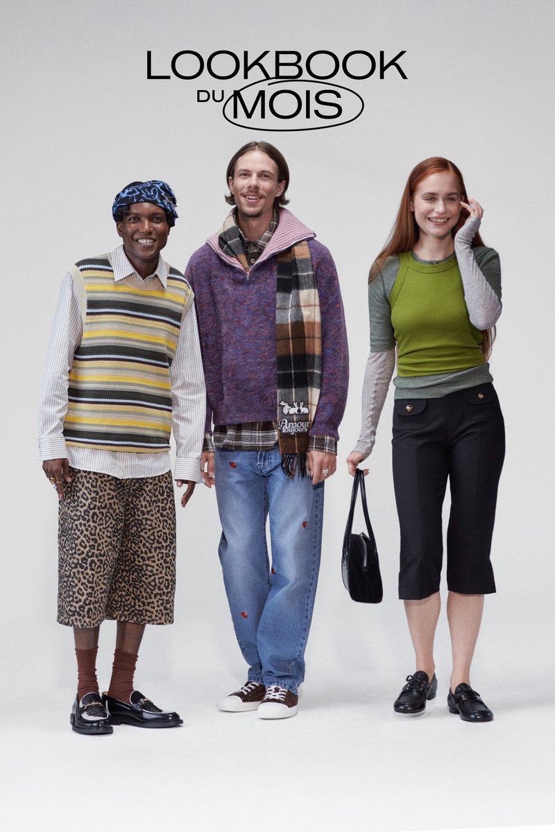 Trois modèles posent ensemble. Ils portent un mélange de couches rayées et à motifs, avec des jeans, des shorts et des pantalons ajustés de couleurs variées.