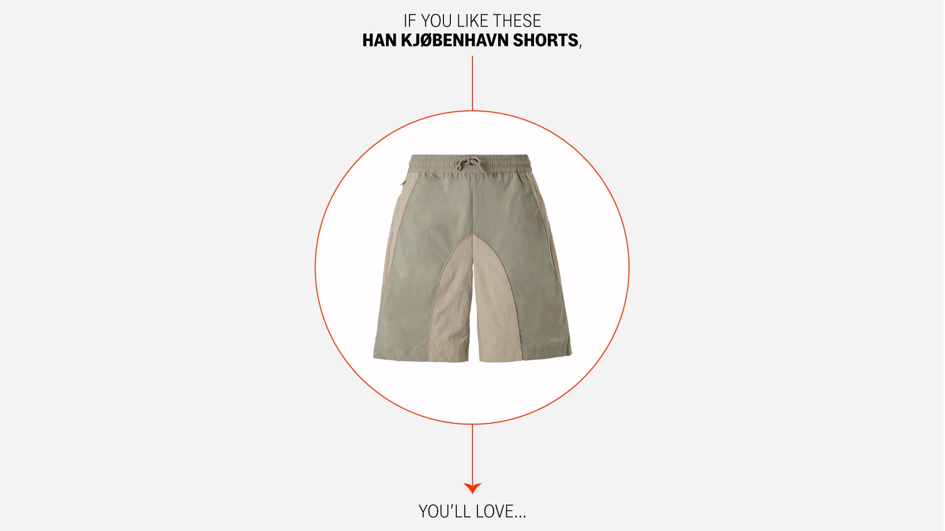 Light beige and gray shorts displayed centrally with text above stating brand name and recommendation, all set against a plain background.