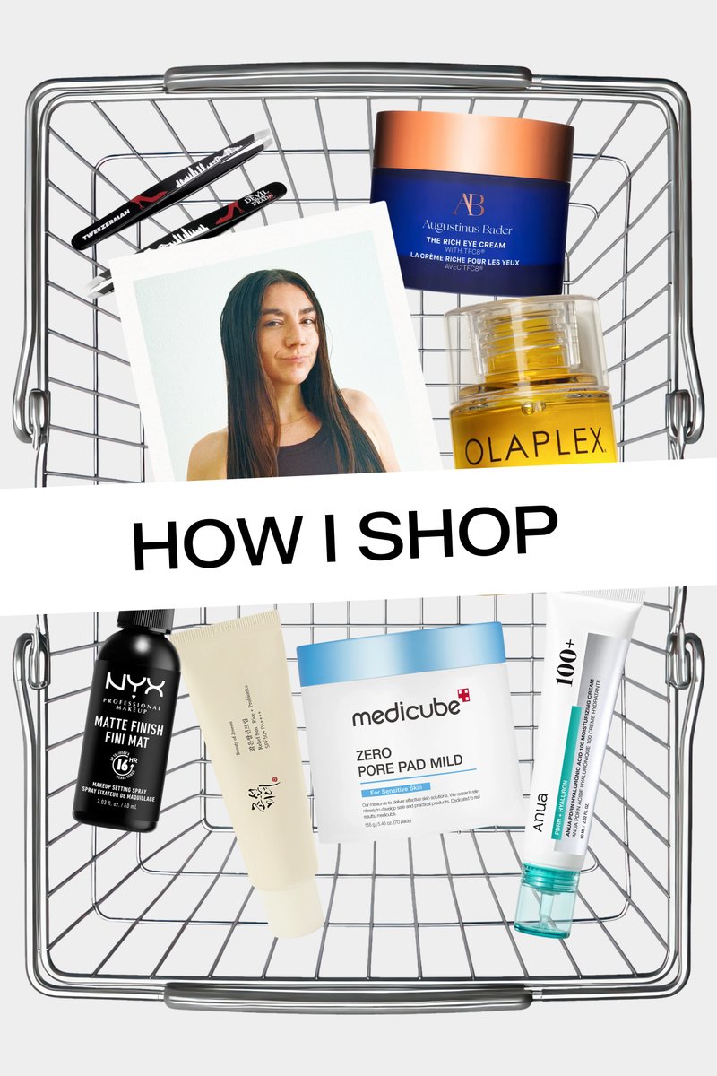 Shopping basket with skincare and makeup products including NYX spray, Augustinus Bader eye cream, Olaplex, and Medicube pore pads.